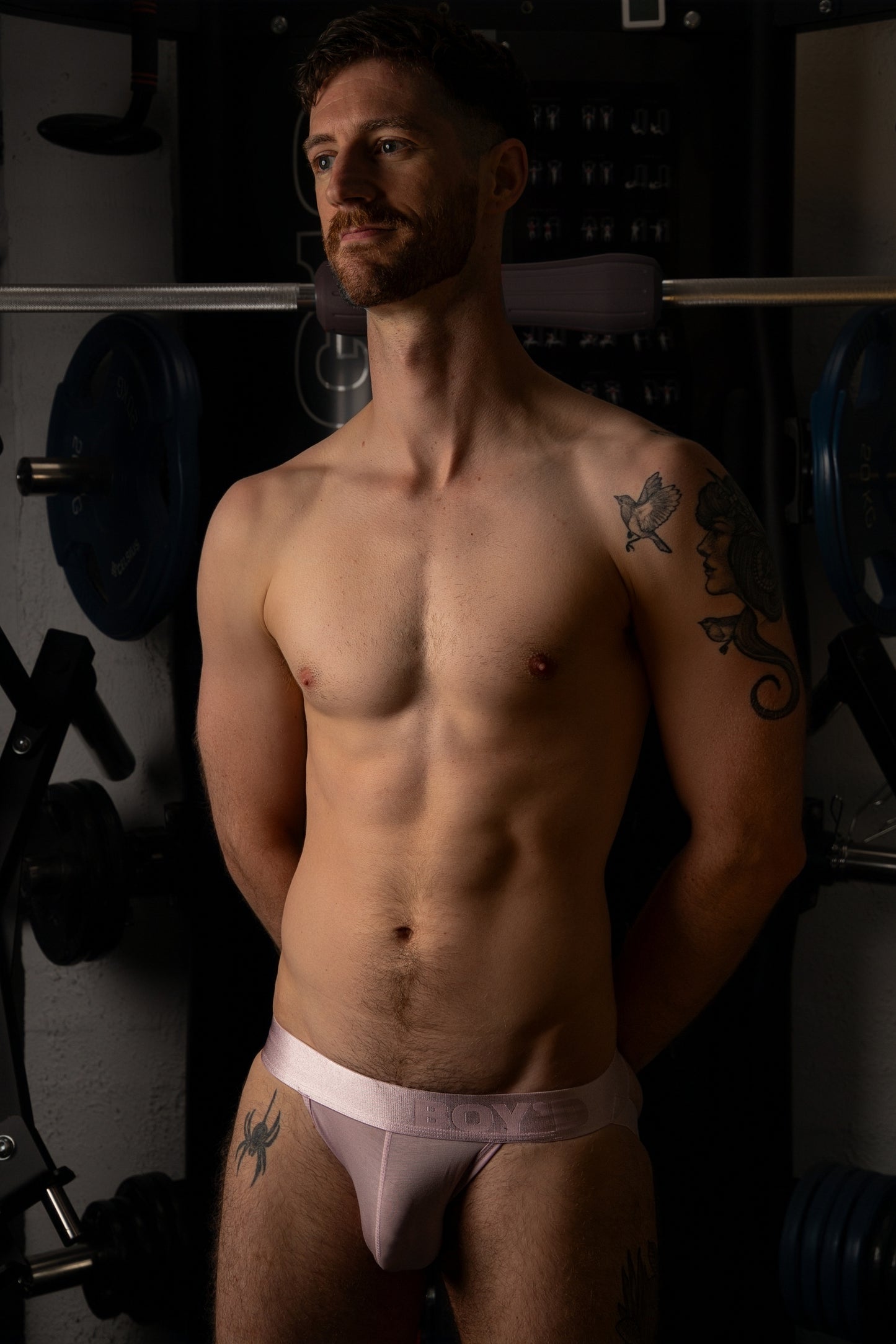 Model styled in BOY'D Afterglow jockstrap, Musk colourway lifestyle shot