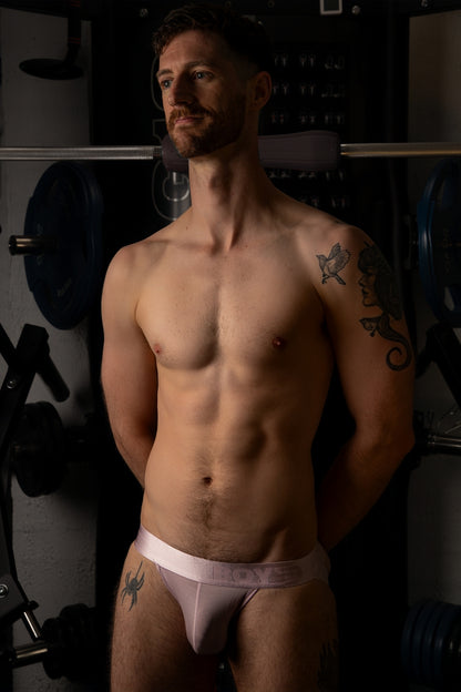 Model styled in BOY'D Afterglow jockstrap, Musk colourway lifestyle shot