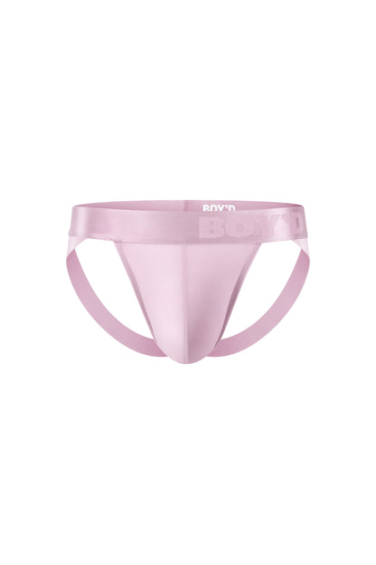 BOY'D Afterglow modal jockstrap in warm Musk, front view of contoured pouch and metallic waistband